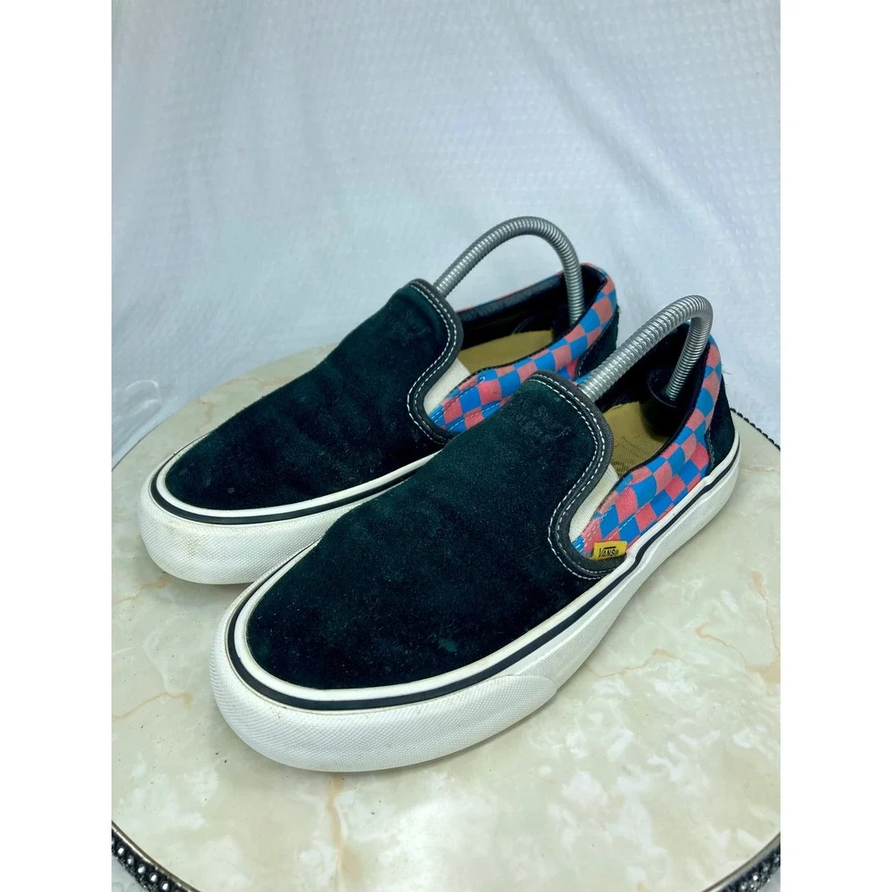 Vans Suede Platform Slip-On Shoes Womens Sz 8.5 Black Pink Checkerboard Sneakers